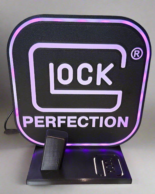 Glock-Inspired "Perfection" LED Light Box & Stand – 3D Printed PETG Garage & Man Cave Decor