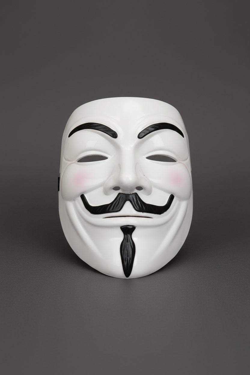 White mask with black accents on a gray surface