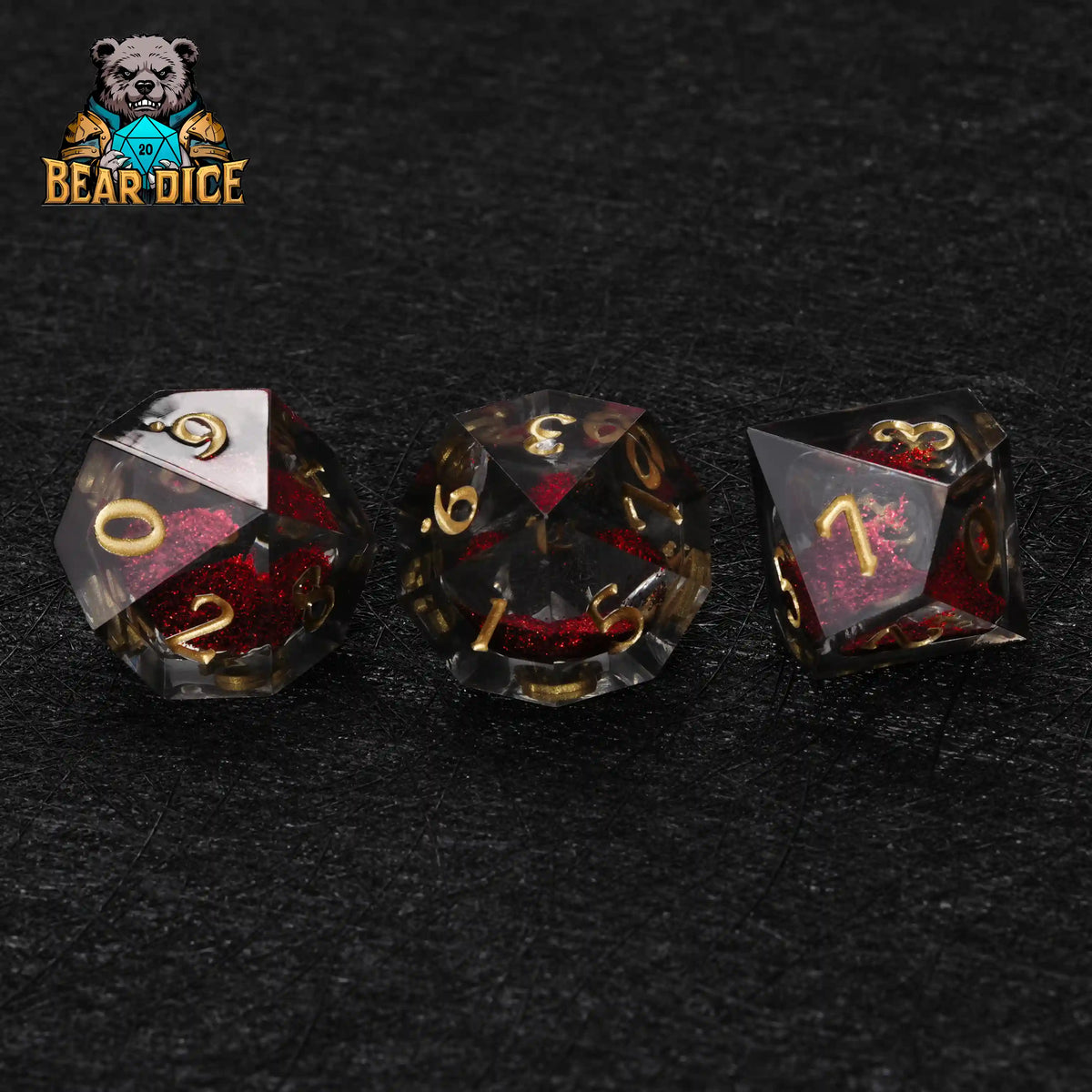 Red Liquid Core Resin D10 Dice Set + Gold Numerals (D10 Dice)