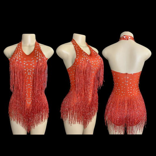Women's Rhinestone Fringe Dance Bodysuit