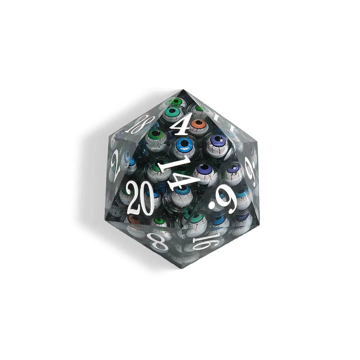 Devil's Eye - 80 mm Liquid Core Resin Extra Large D20 Dice + White Numbers