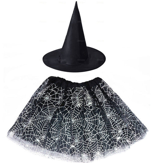Spiderweb Tutu Skirt and Witch Hat Costume Options