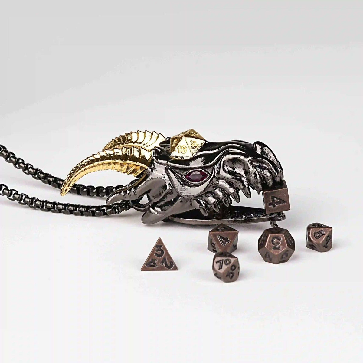 Super cool metal black dragon head dice necklace +mini metal dice set
