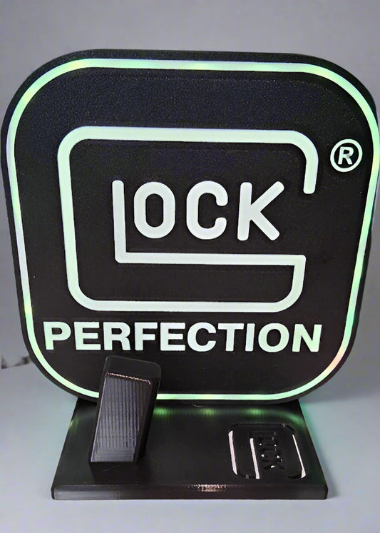 Glock Perfection LED light box with holographic edge glow and display stand — Baldwin Printing and Design Inc.