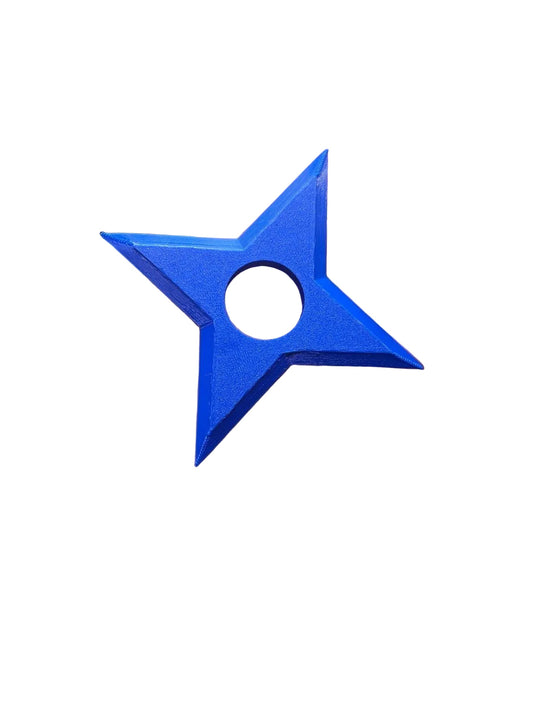 Blue four-point 3D printed shuriken cosplay prop with a circular center opening, Baldwin Printing and Design Inc.
