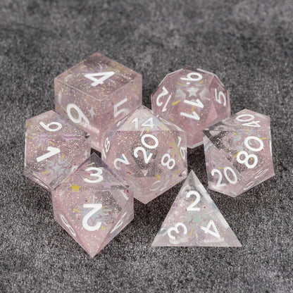 Fireworks Pink Glitter Transparent Resin DND Dice Set