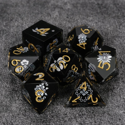 Black resin DND dice set with silver-white vintage magic emblem + gold numbers