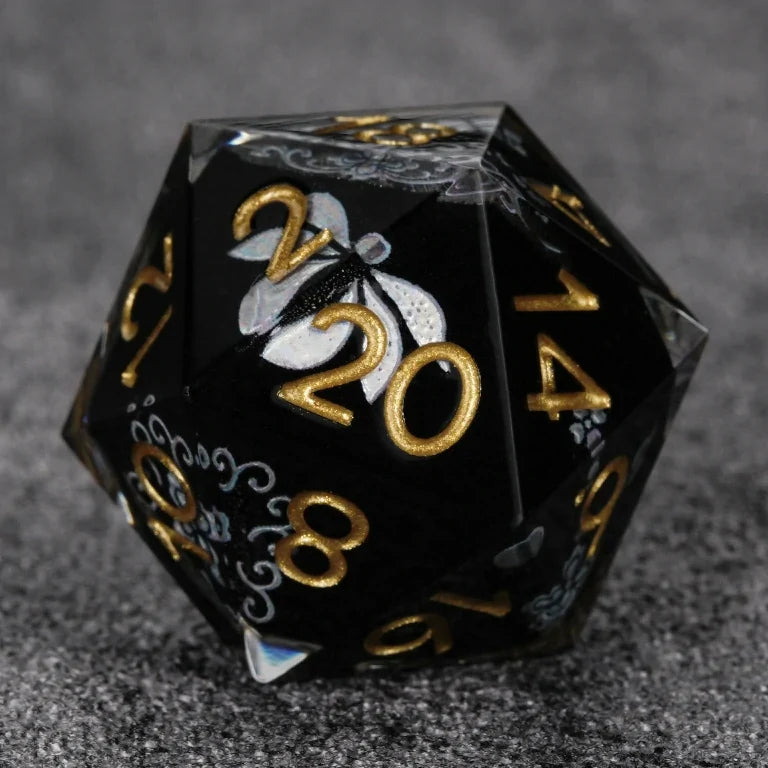 Black resin DND dice set with silver-white vintage magic emblem + gold numbers