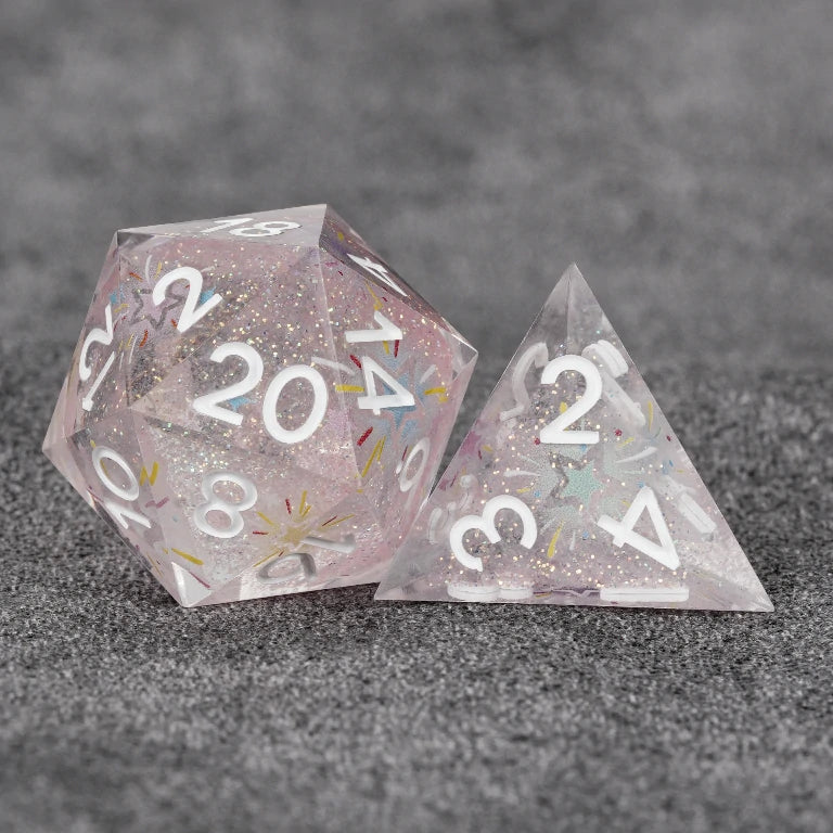 Fireworks Pink Glitter Transparent Resin DND Dice Set
