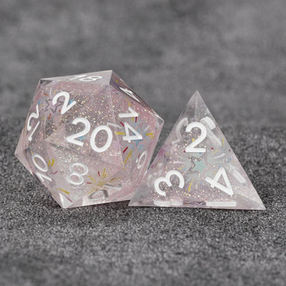 Fireworks Pink Glitter Transparent Resin DND Dice Set