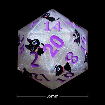 Giant D20 Dice (Purple Numbers) Black Cat Resin 35mm RPG Dice