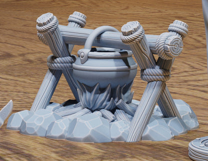 Bandit Camp Scatter Terrain – Campfires, Roasting Pig, Cooking Pot, Banner & Axe