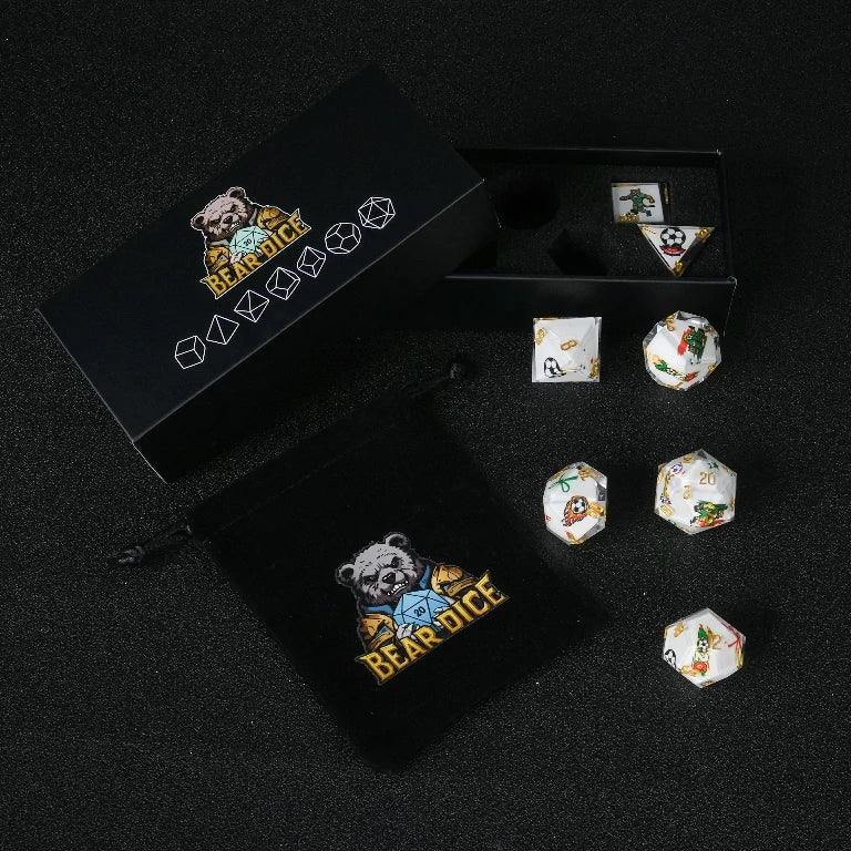 DND World Cup Resin Dice Set with National Flags and Soccer Balls + Gold Lettering