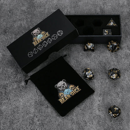 Black resin DND dice set with silver-white vintage magic emblem + gold numbers