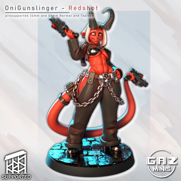 Redshot - Oni Gunslinger Miniature – Tiefling with Pistols (32mm & 55mm, SFW/NSFW)