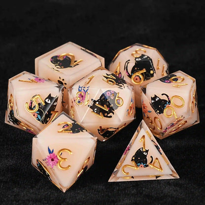 Handmade unique dice sets: Egyptian Pharaoh's black cat flower resin edge sharp dnd dice + gold font