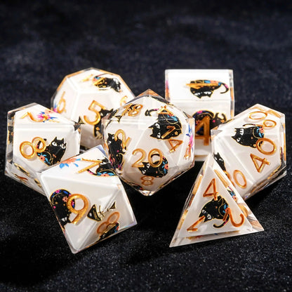 Handmade unique dice sets: Egyptian Pharaoh's black cat flower resin edge sharp dnd dice + gold font