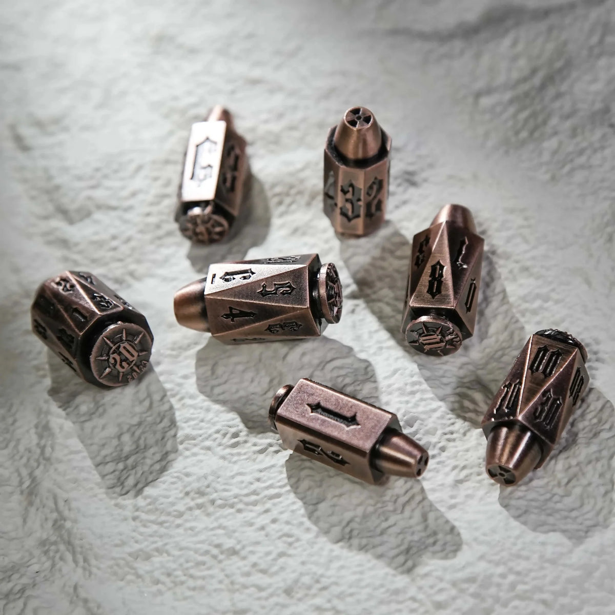 Cool dnd dice: unique metal bullet-shaped polyhedron RPG dice set