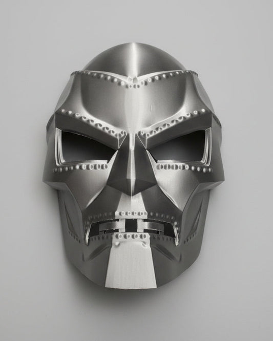 silver 3d print of a DR DOOM petg plastic mask from Marvel Comics.