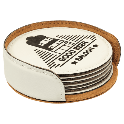 4" Dark Brown Round Laserable Leatherette 6-Coaster Set