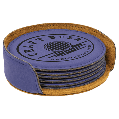 4" Dark Brown Round Laserable Leatherette 6-Coaster Set