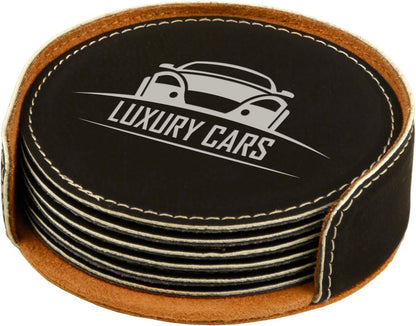 4" Dark Brown Round Laserable Leatherette 6-Coaster Set