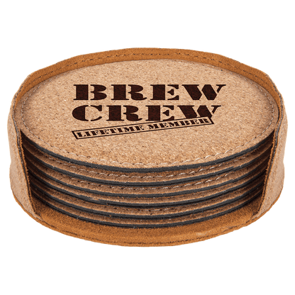 4" Dark Brown Round Laserable Leatherette 6-Coaster Set
