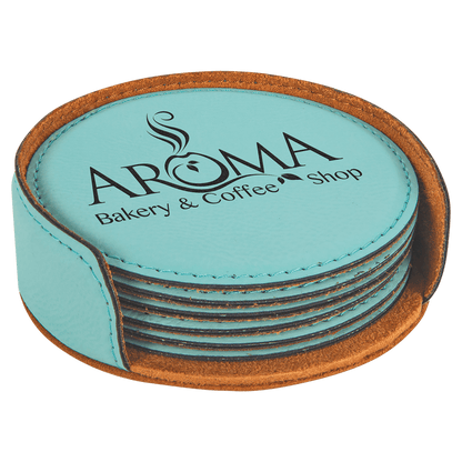 4" Dark Brown Round Laserable Leatherette 6-Coaster Set
