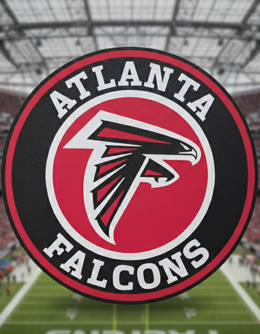 Atlanta Falcons logo with a football stadium in the background