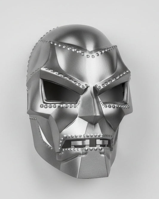 silver 3d print of a Dr. Doom mask from Marvel Comics