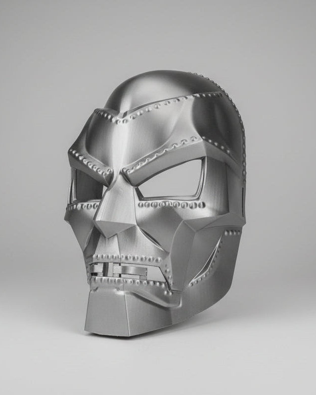 grey silver Dr. Doom mask made from PETG plastic