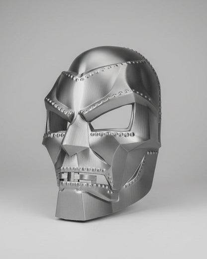 grey silver Dr. Doom mask made from PETG plastic