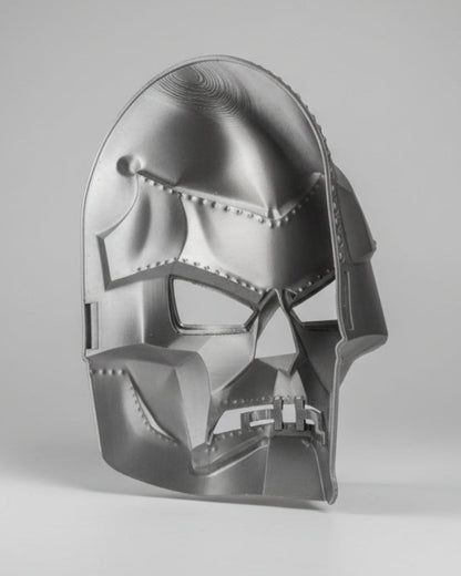 grey silver 3d print of a Dr. Doom mask from Marvel Comics made with PETG plastic from BALDWIN PRINTING AND DESIGN INC