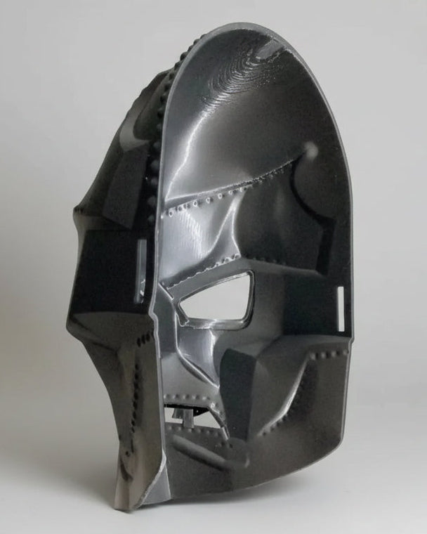 back right antior of our grey silver 3d print of a Dr. Doom mask from Marvel Comics made with PETG plastic from BALDWIN PRINTING AND DESIGN INC
