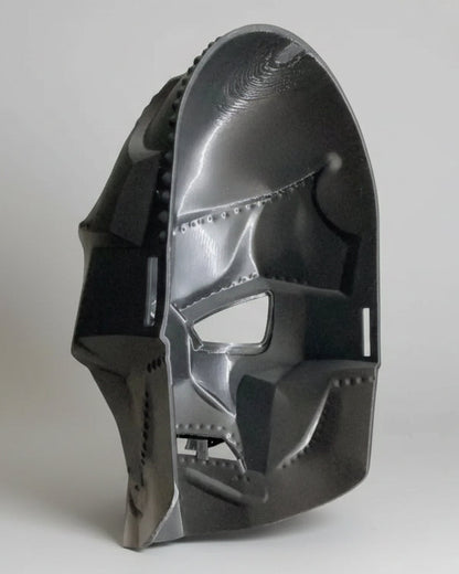 back right antior of our grey silver 3d print of a Dr. Doom mask from Marvel Comics made with PETG plastic from BALDWIN PRINTING AND DESIGN INC
