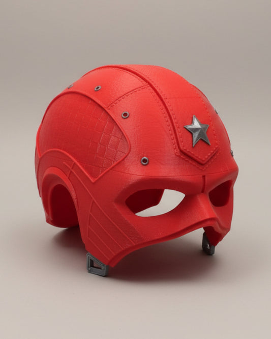 Red helmet with a star emblem on a textured white surface