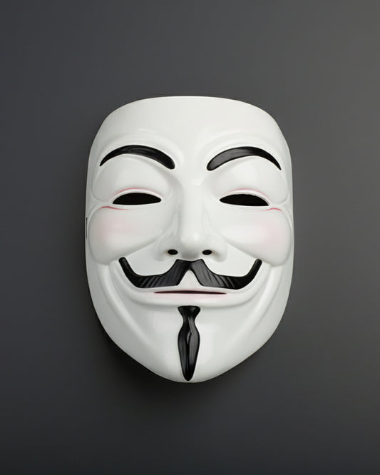 White mask with black accents on a gray background