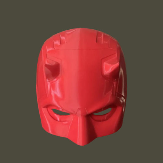 Red 3D printed Daredevil helmet, 10.7in x 7.4in x 7in exterior, fits hat sizes 7-7 1/2.