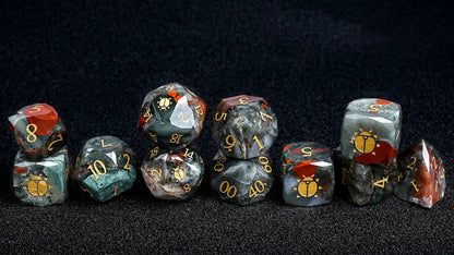 Kickstarter Dice - Natural Bloodstone DND Gemstone Dice Set - Khepri's Blessing