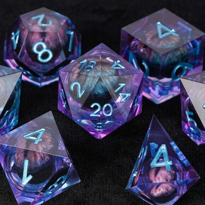 Purple transparent resin liquid core dragon eye DND dice set + Blue Font