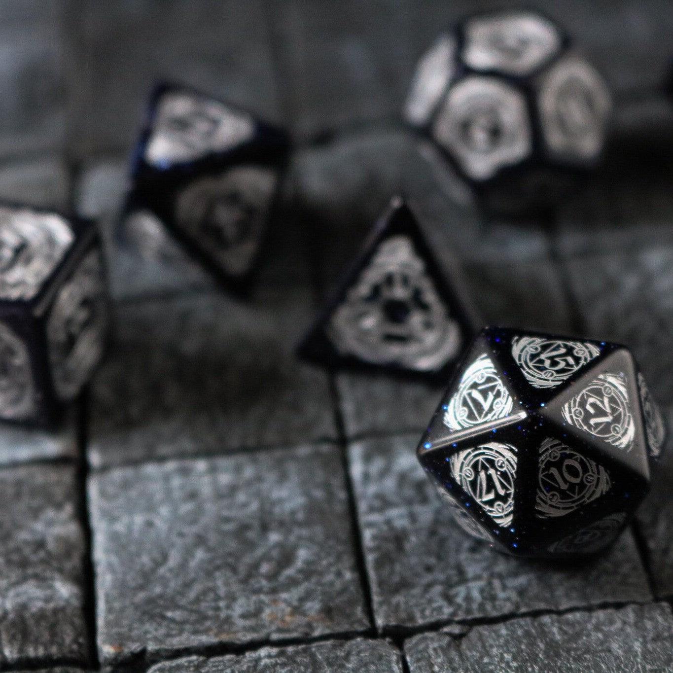 Mage Fury Blue Sandstone Silver Font Gemstone DND Dice Set