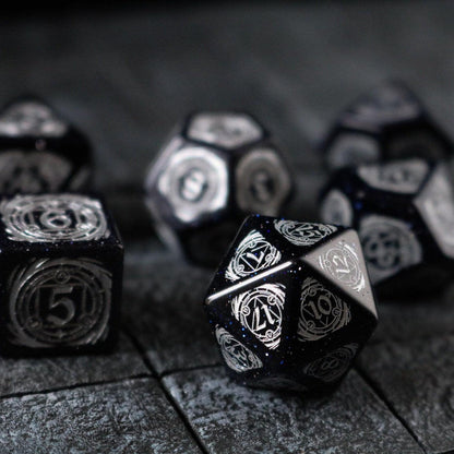 Mage Fury Blue Sandstone Silver Font Gemstone DND Dice Set