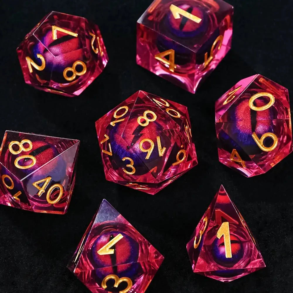 Purple transparent resin liquid core dragon eye DND dice set + Blue Font