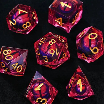 Purple transparent resin liquid core dragon eye DND dice set + Blue Font