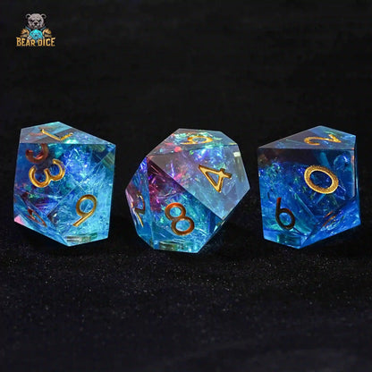 D10 Fantasy Translucent Sequin Red and Blue Resin D&D 10-Sided Dice - Gold Numbers