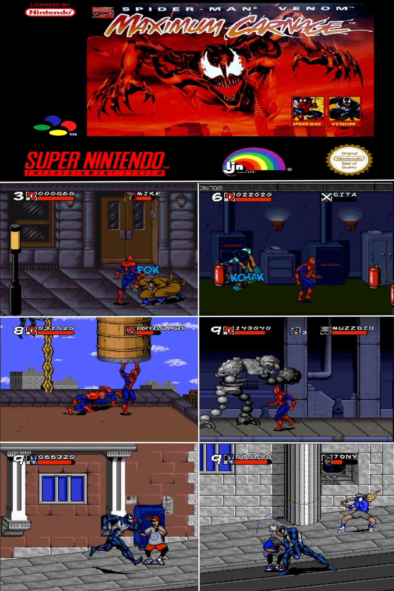 Spider-Man and Venom Maximum Carnage SNES Video Game Super Nintendo 1995