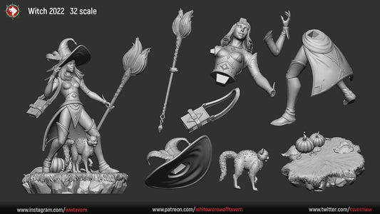 Witch with Cat – Fantasy Miniature – 32mm & 75mm Scale