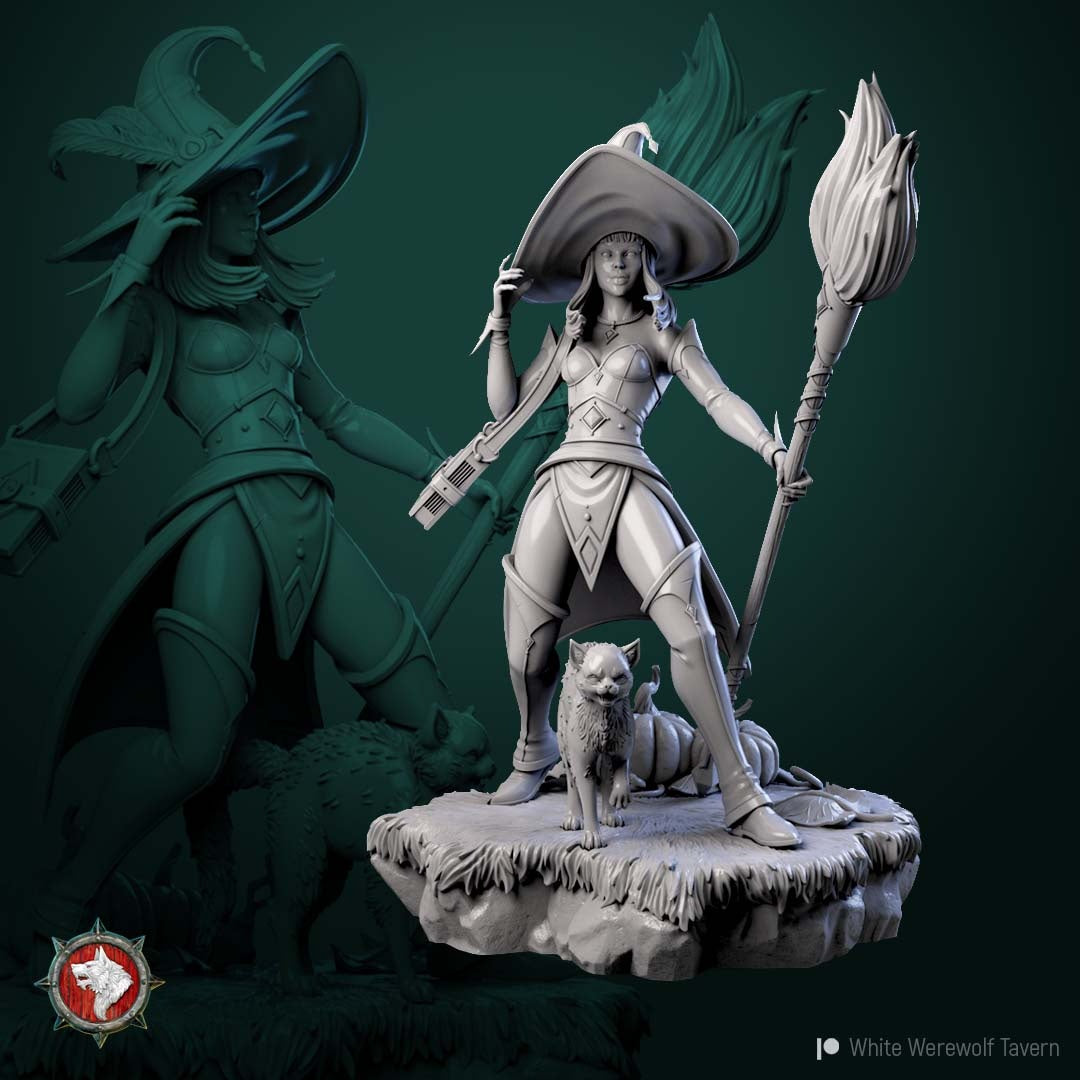 Witch with Cat – Fantasy Miniature – 32mm & 75mm Scale