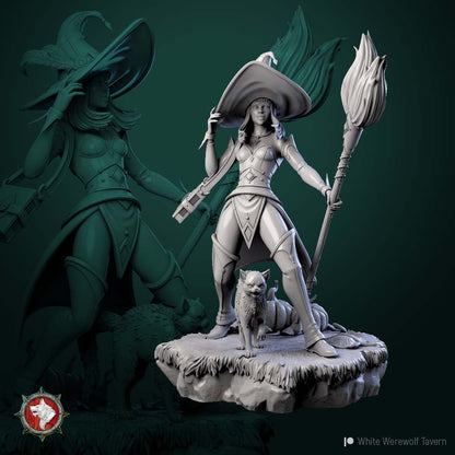 Witch with Cat – Fantasy Miniature – 32mm & 75mm Scale