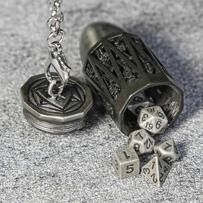 Antique Nickel Bullet Hollow Metal D20 Dice Cage Necklace + 7 Mini Metal Dice Set